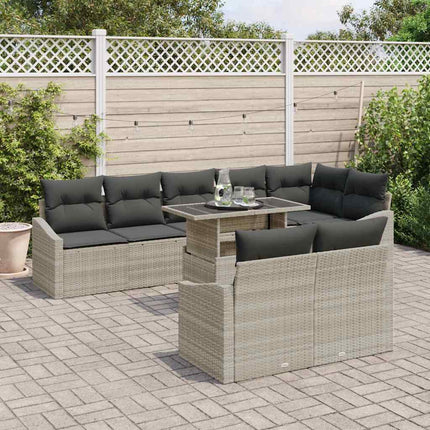 Havesofa Sæt med pude med opbevaring 9 pcs Lysegrå polyrattan