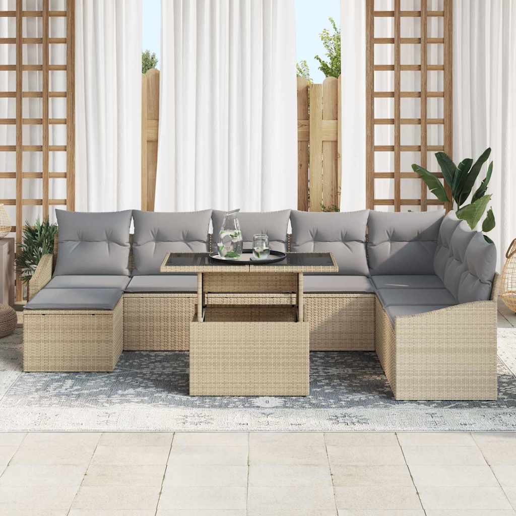 Sofa Sæt med pude 9 pcs Beige og lys grå polyrattan