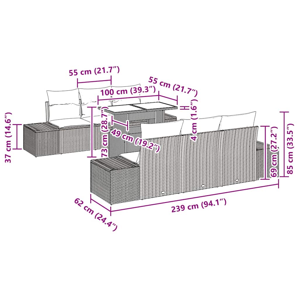 Sofa Sæt med pude 7 pcs Sort og Cream polyrattan