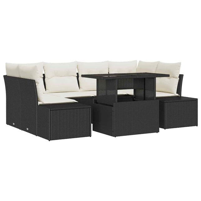 Sofa Sæt med pude 7 pcs Sort og Cream polyrattan