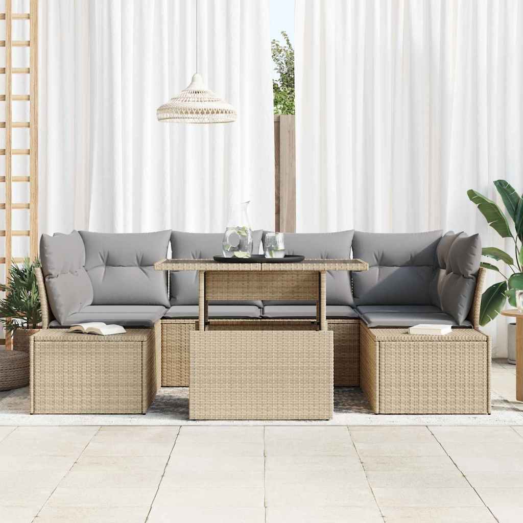 Sofa Sæt med pude 7 pcs Beige og lys grå polyrattan