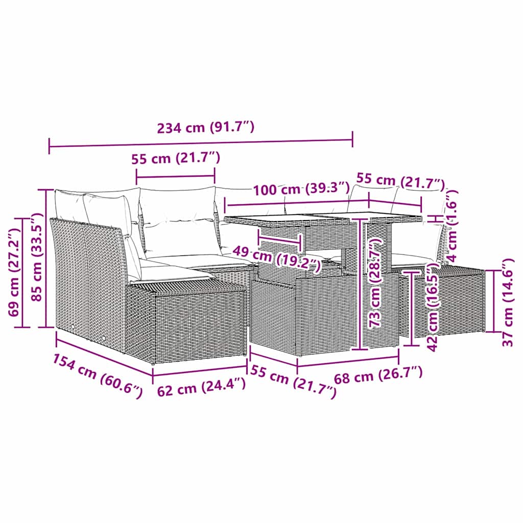 Sofa Sæt med pude 7 pcs Sort polyrattan