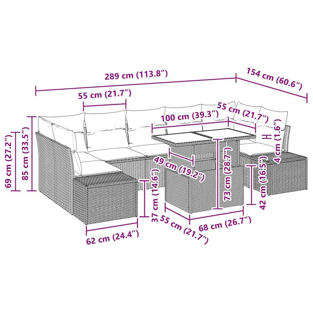 Sofa Sæt med pude 8 pcs Sort og Cream polyrattan