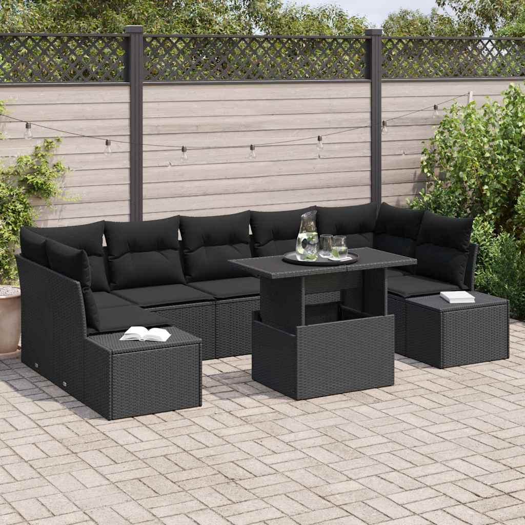 Sofa Sæt med pude 8 pcs Sort polyrattan