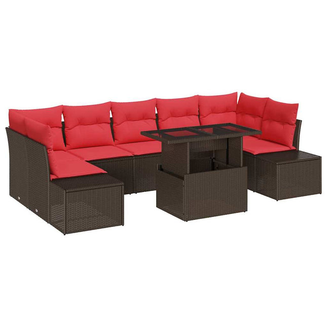 Havesofa Sæt med pude 8 pcs Brun og Rød polyrattan