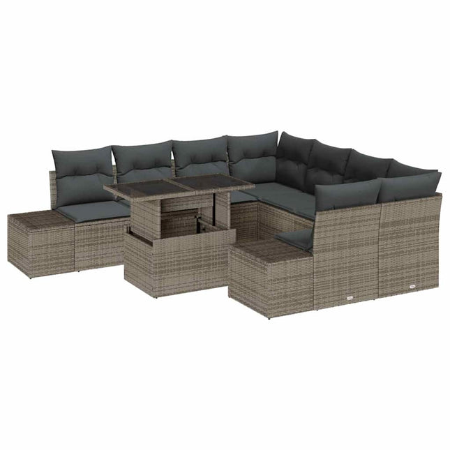 Havesofa Sæt med pude 9 pcs Grå polyrattan