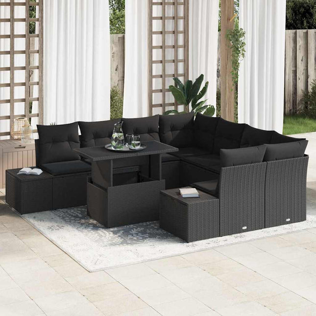 Havesofa Sæt med pude 9 pcs Sort polyrattan