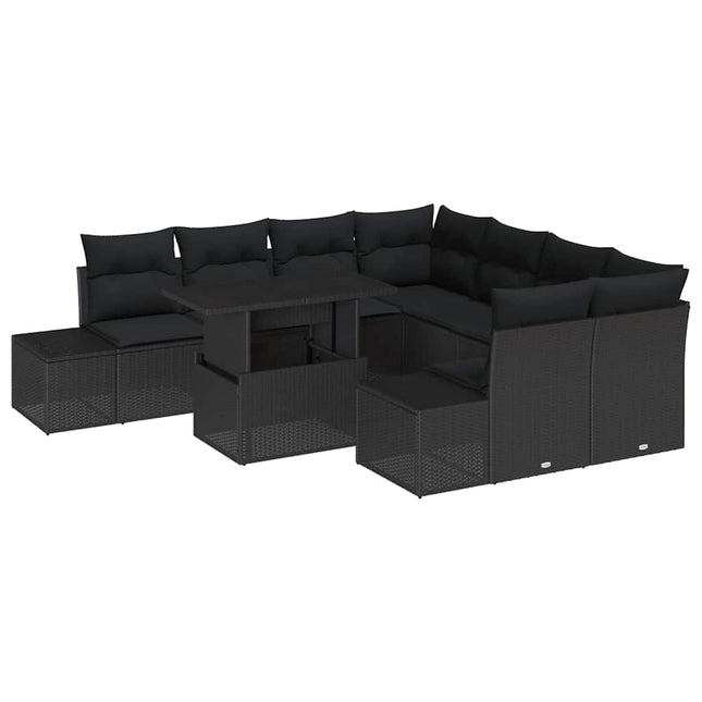 Havesofa Sæt med pude 9 pcs Sort polyrattan