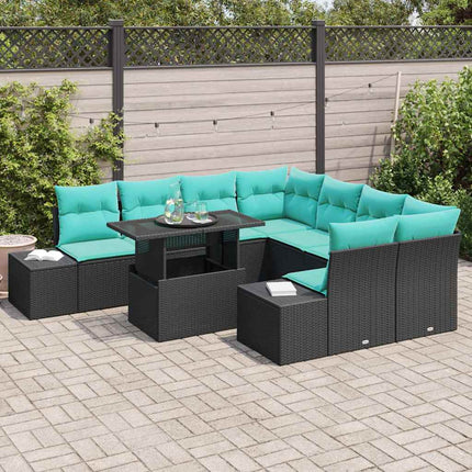 Havesofa Sæt 9 stk. 8-Antal sæder Sort og Blå polyrattan