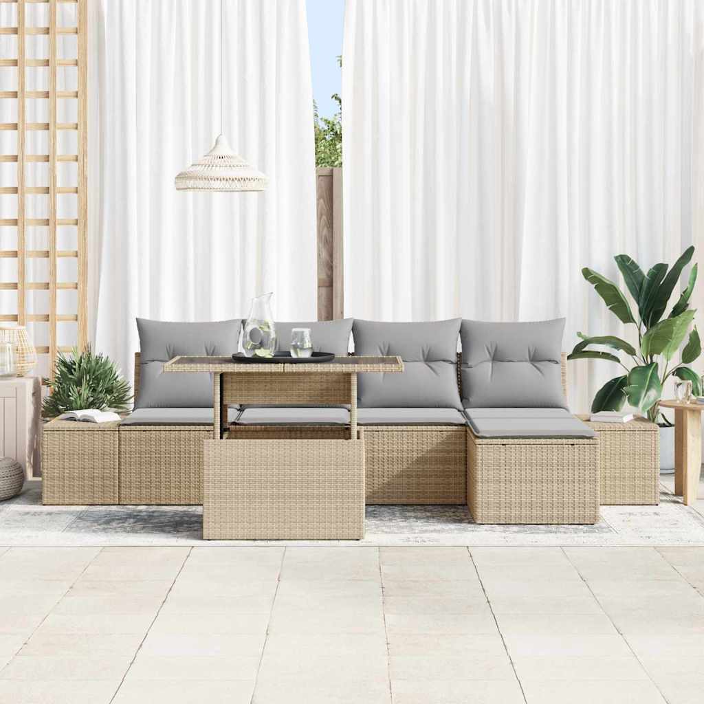 Havesofa Sæt med pude 6 pcs Beige og lys grå polyrattan