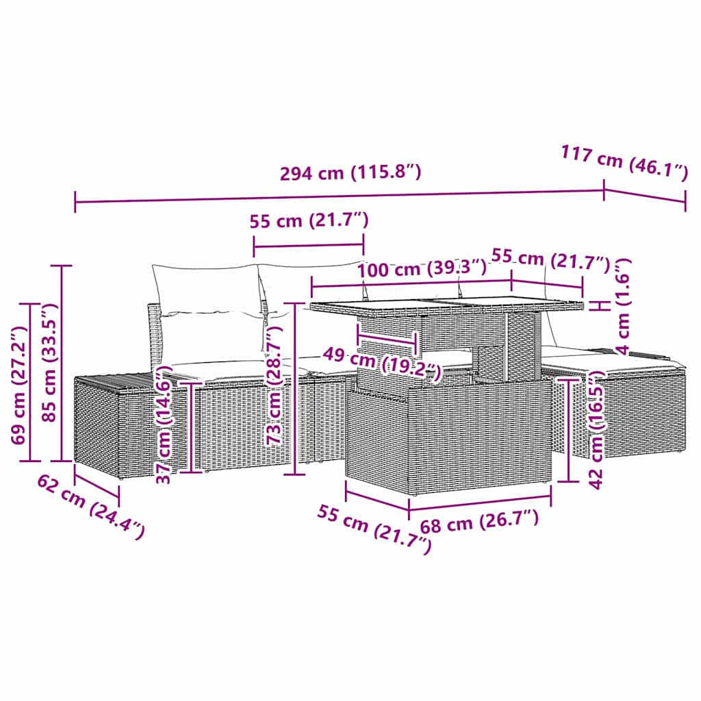 Havesofa Sæt med pude med opbevaring 6 pcs Lysegrå polyrattan