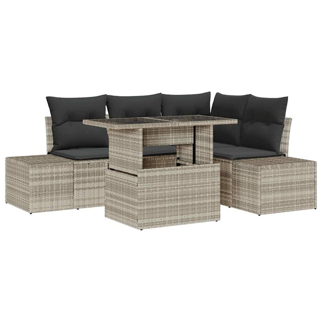 Havesofa Sæt med pude 5 pcs Lysegrå polyrattan