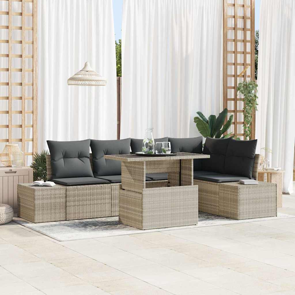 Havesofa Sæt med pude 6 pcs Lysegrå Poly rattan