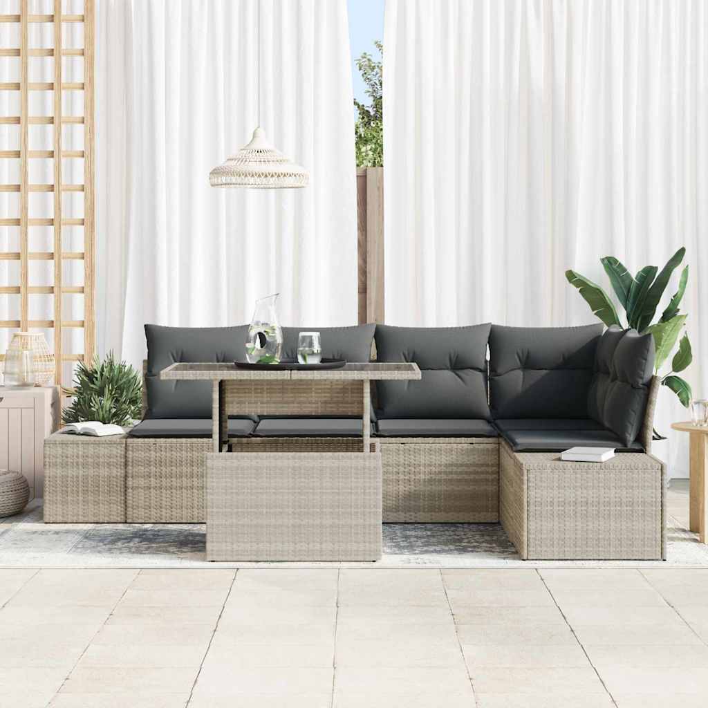 Havesofa Sæt med pude 6 pcs Lysegrå Poly rattan