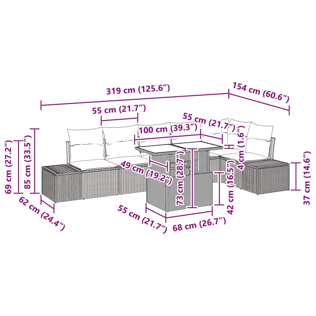Havesofa Sæt 7 pcs Grå Polyrattan og pulverlakeret stål og glas