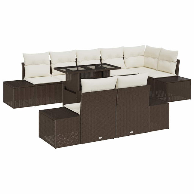 Havesofa Sæt med pude 9 pcs Brun og Creme polyrattan