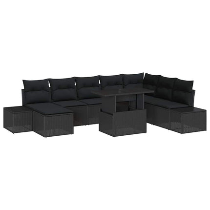 Havesofa Sæt med pude med opbevaring 9 pcs Sort polyrattan