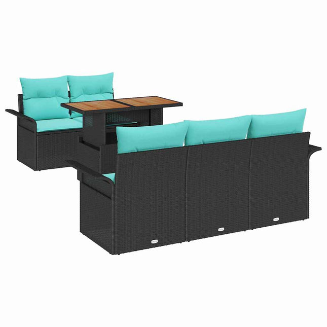 Havesofa Sæt 6 pcs Sort og blå Polyrattan og pulverlakeret stål