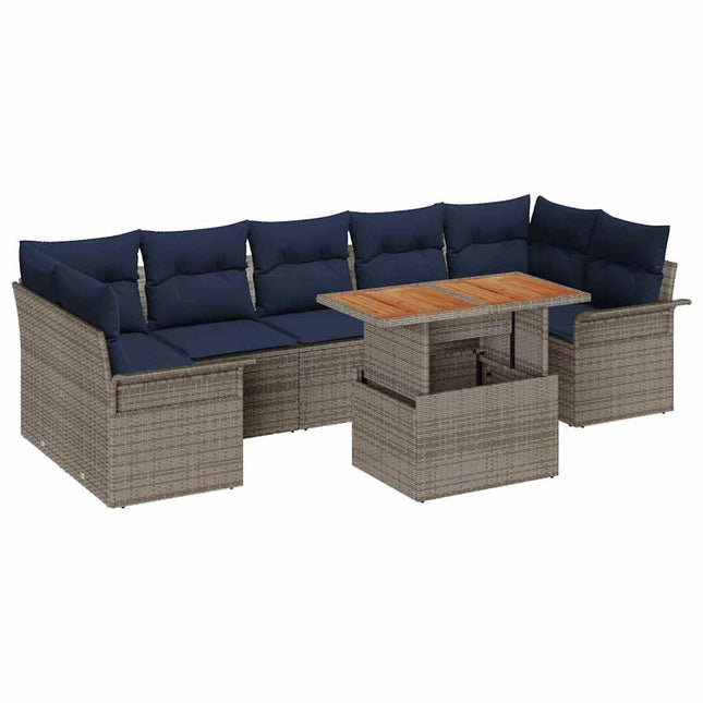 Havesofa Sæt med pude 8 pcs Grå og Marineblå polyrattan