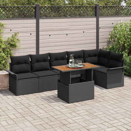 Havesofa Sæt med pude 7 pcs Sort polyrattan