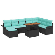 Havesofa Sæt 9 pcs Sort og blå Polyrattan og pulverlakeret stål