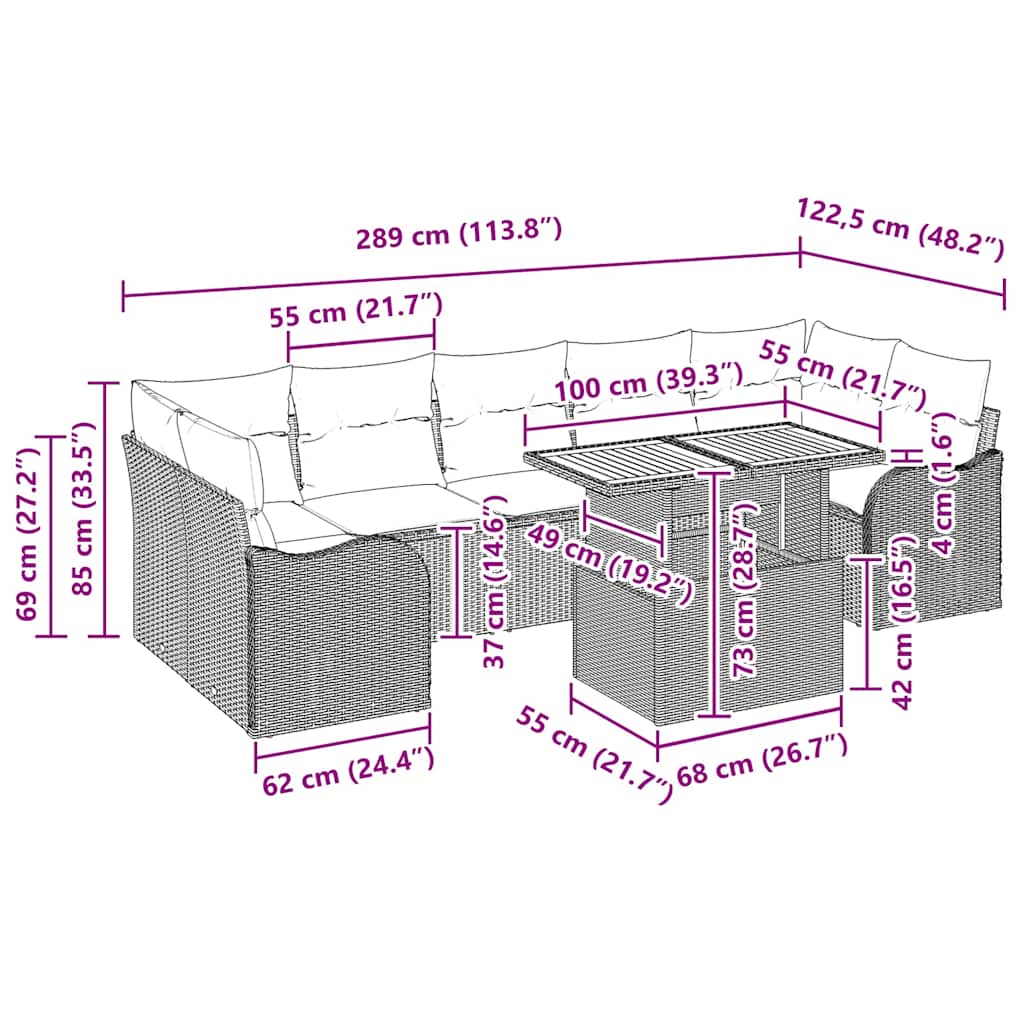 Havesofa Sæt med pude 8 pcs Beige og lys grå polyrattan