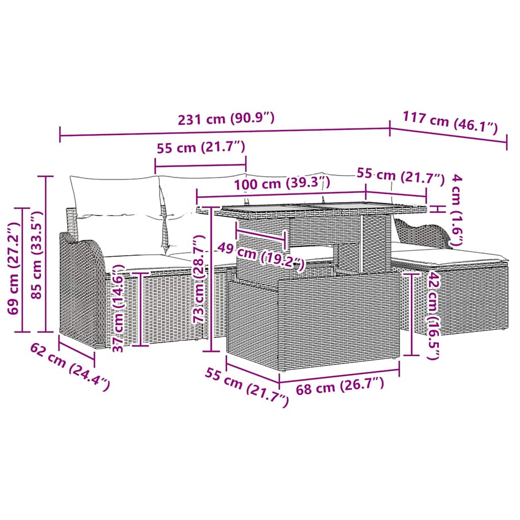 Havesofa Sæt med pude 6 pcs Grå polyrattan