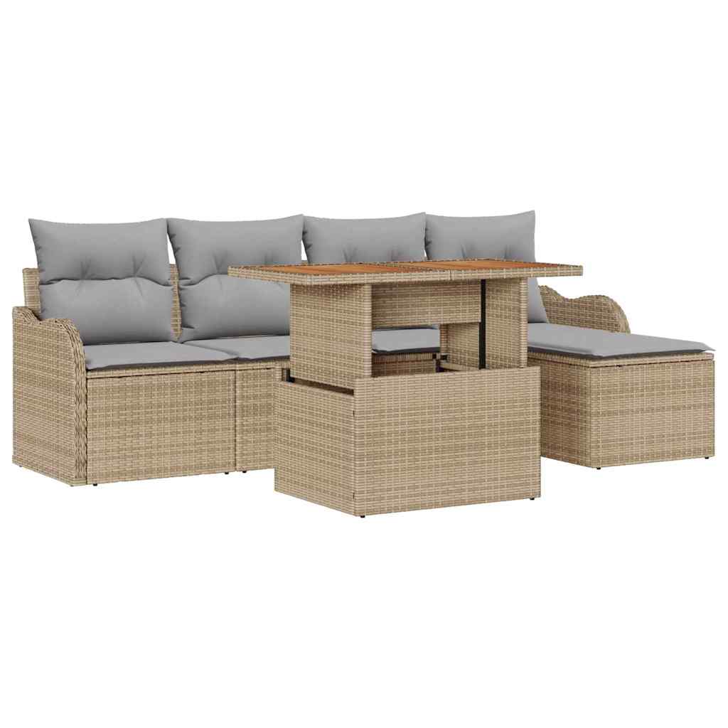 Havesofa Sæt med pude 6 pcs Beige og lys grå polyrattan