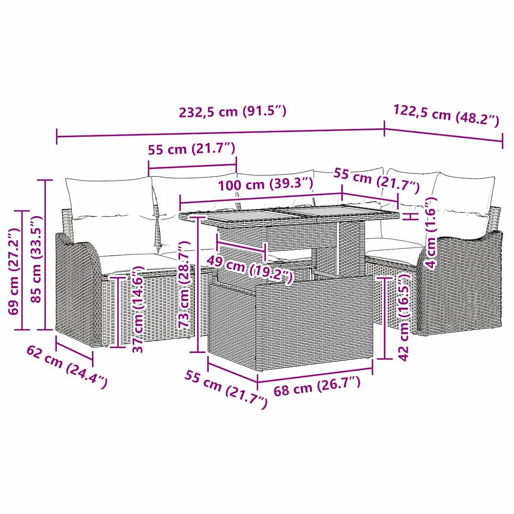 Havesofa Sæt med pude 6 pcs Grå polyrattan