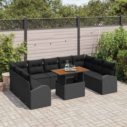 Havesofa Sæt 10 stk. Sort Polyrattan og pulverlakeret stål
