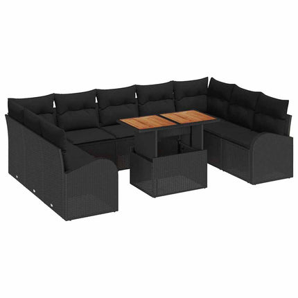 Havesofa Sæt 10 stk. Sort Polyrattan og pulverlakeret stål