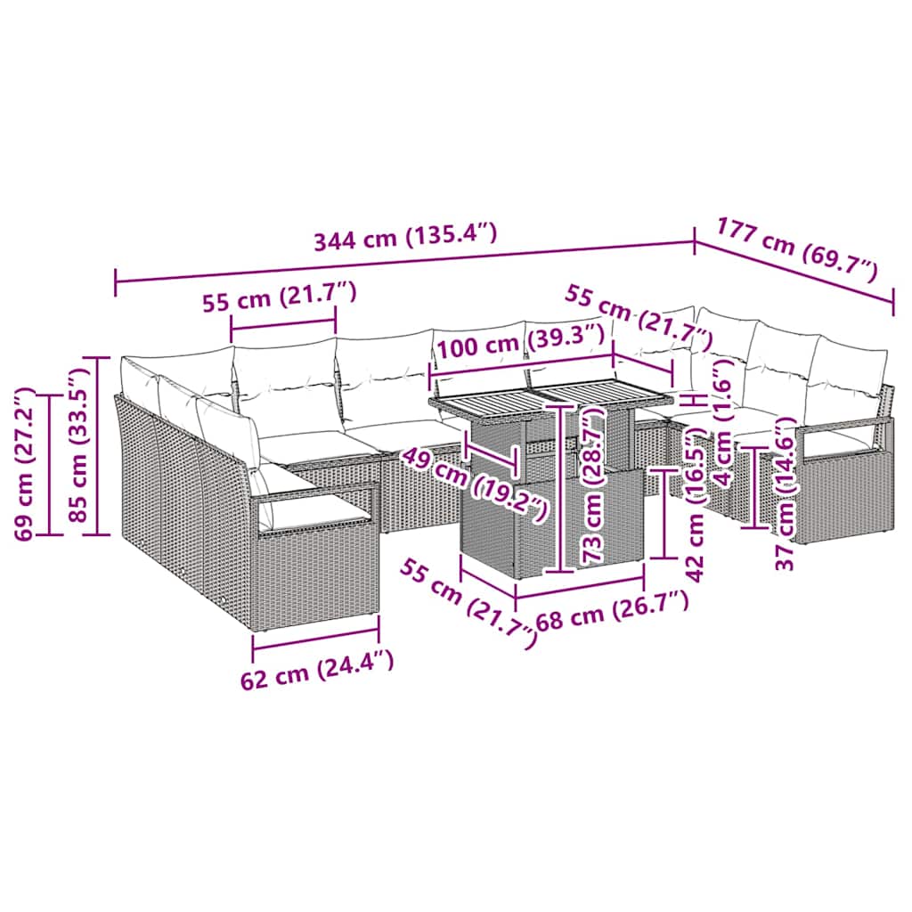 Havesofa Sæt med pude med pude 11 pcs Sort og Cream