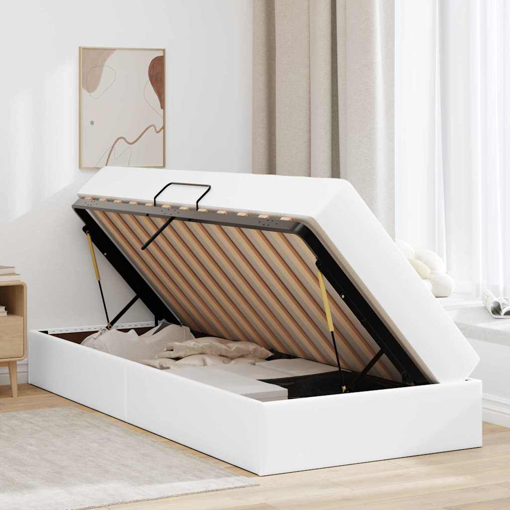 Seng med opbevaring og madras med madras 2 pcs Hvid Læder