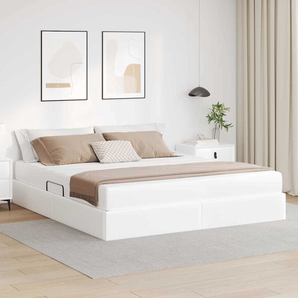 Seng med opbevaring og madras med madras 2 pcs Hvid Læder