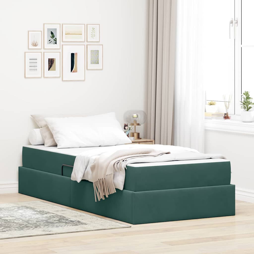 Seng med opbevaring og madras Mørkegrøn 90 x 200 cm Fløjl