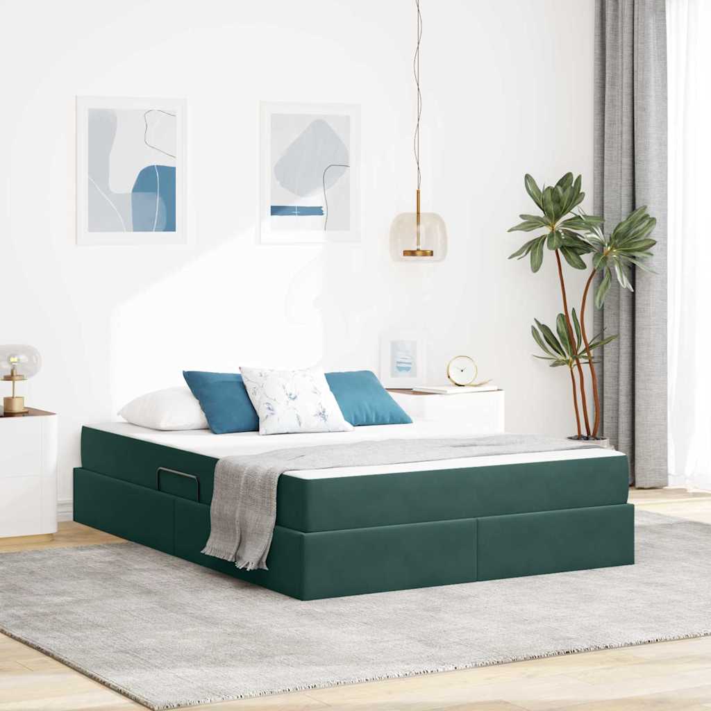 Seng med opbevaring og madras Mørkegrøn 140 x 200 cm Fløjl