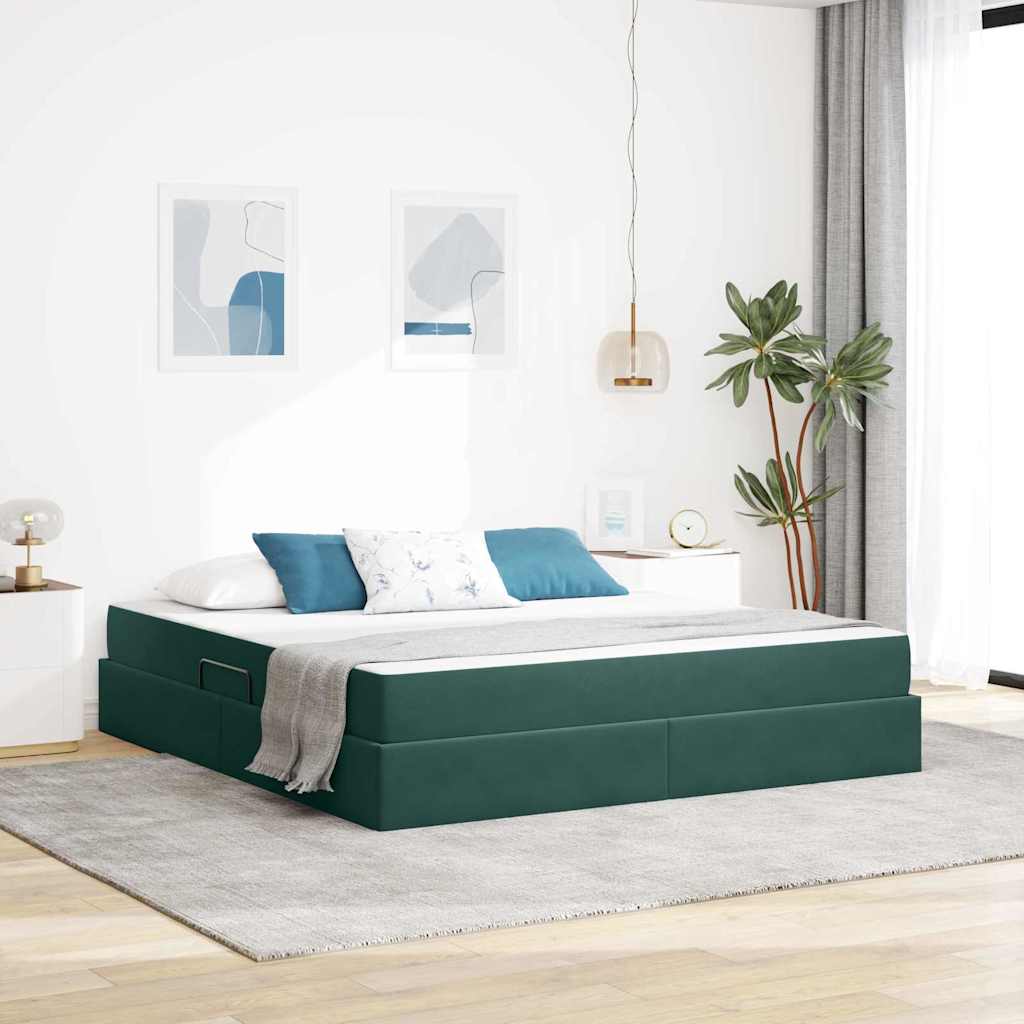 Seng med opbevaring og madras Mørkegrøn 160 x 200 cm Fløjl