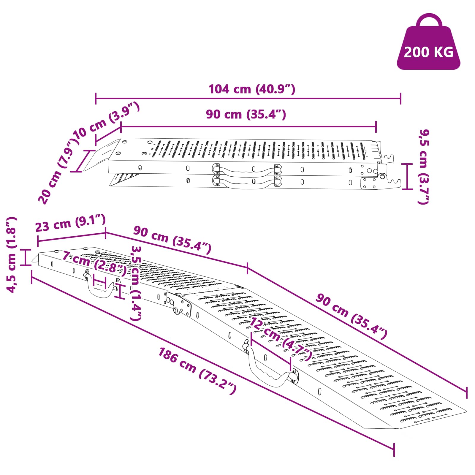 Foldbar rampe 200kg pr. rampe 2 pcs Sølv 186 x 23 x 4,5 cm