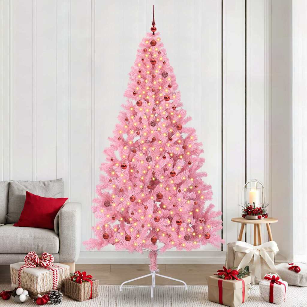 Kunstig Forbelyst Juletræ med 300 LED'er Lyserød 240 cm PVC