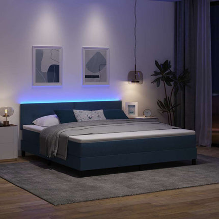 Box spring seng med LED-lysstrimler Blå 180 x 200 cm Stof