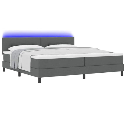 Box spring seng med LED-lysstrimler Mørkegrå 200 x 200 cm Stof