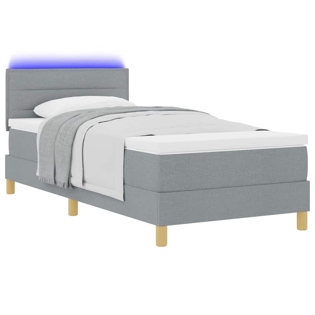 LED Box Spring Bed med LED-lysstrimler Lysegrå 90 x 200 cm Stof