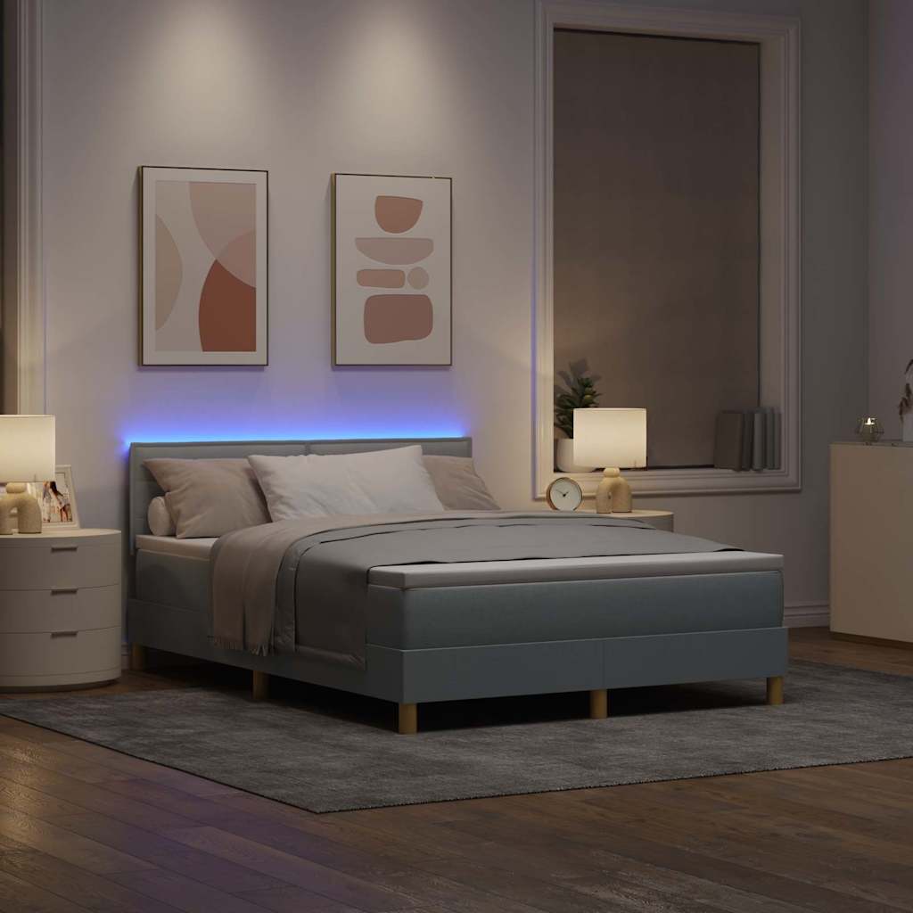 LED Box Spring Bed med hovedgærde Lysegrå 140 x 190 cm Stof