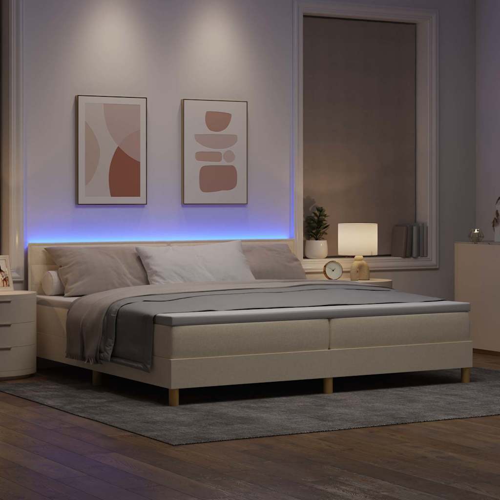 LED Box Spring Bed med LED-lysstrimler Creme 200 x 200 cm Stof