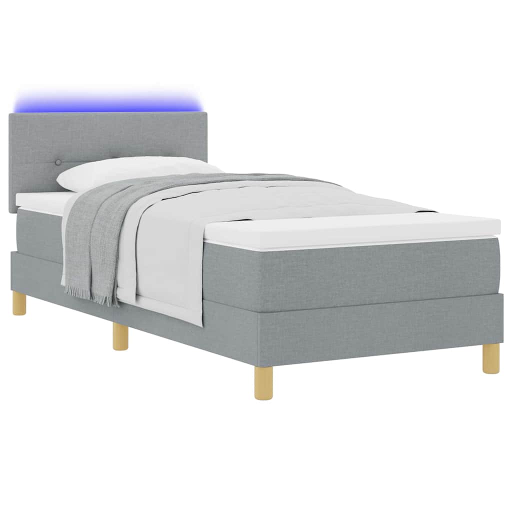 LED Box Spring Bed med LED-lysstrimler Lysegrå 90 x 190 cm Stof