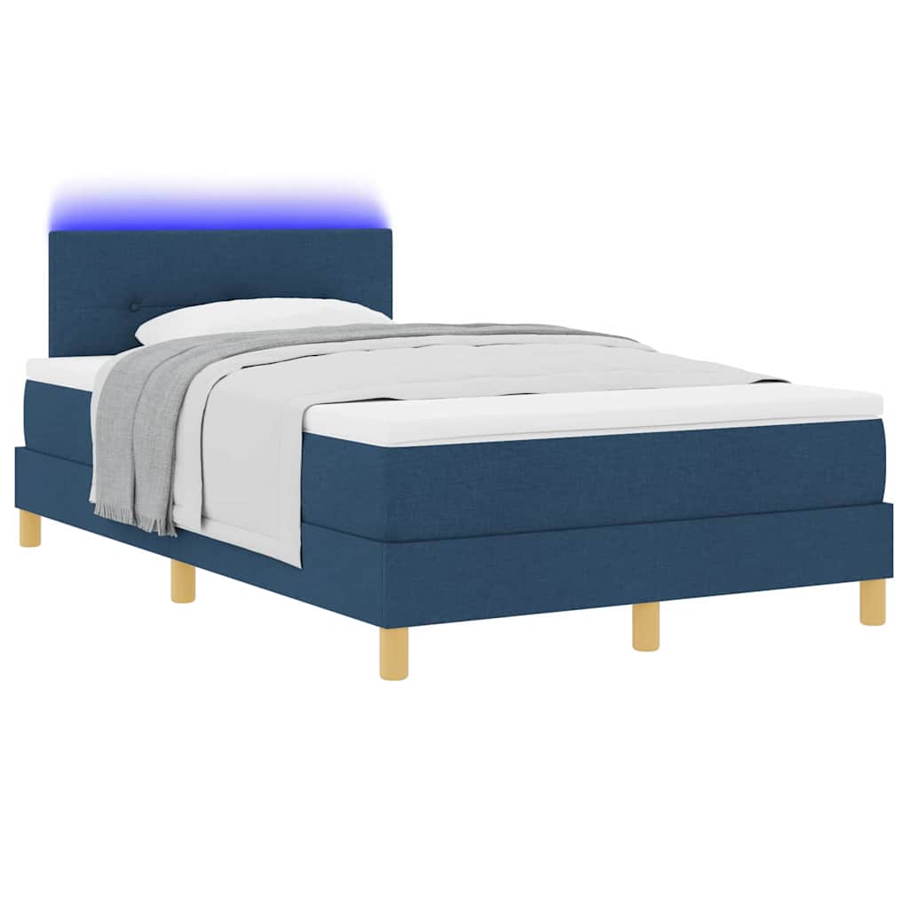 LED Box Spring Bed med LED-lysstrimler Blå 120 x 200 cm Stof