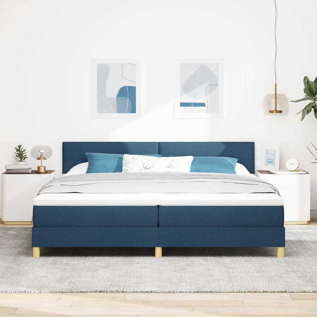 LED Box Spring Bed med LED-lysstrimler Blå 200 x 200 cm Stof