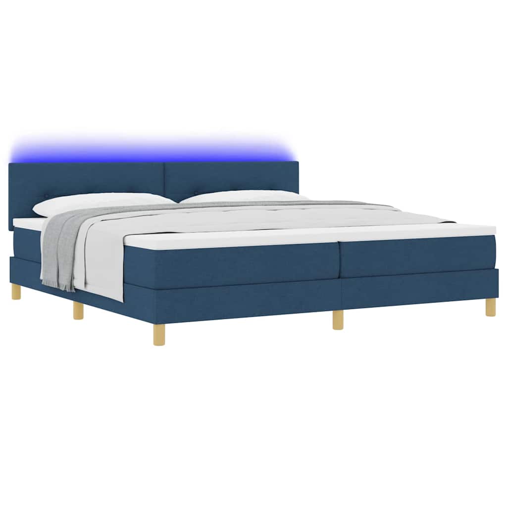 LED Box Spring Bed med LED-lysstrimler Blå 200 x 200 cm Stof