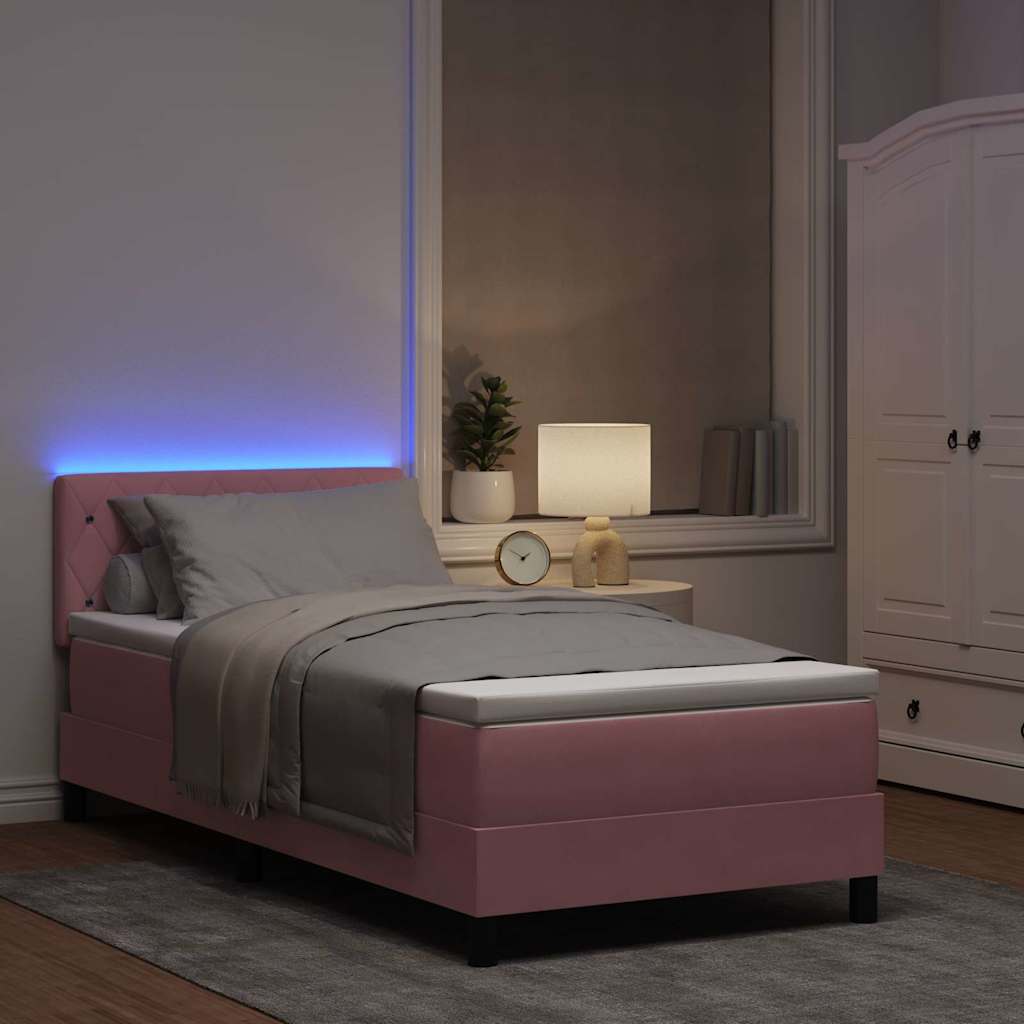 LED Box Spring Bed med madras med LED Lyserød 90 x 200 cm Fløjl