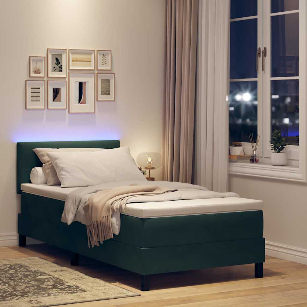 LED Box Spring Bed med madras Mørkegrøn 90 x 200 cm Fløjl